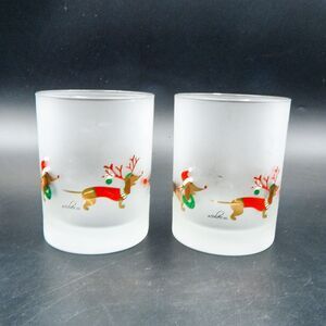 Culver Frosted Rocks Lowball Glasses Dog Dachshund Antlers Christmas Santa S/2